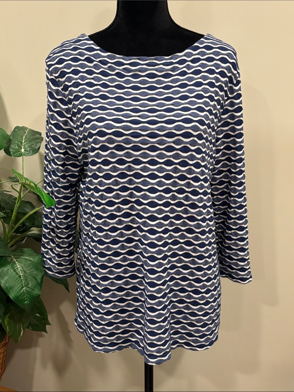 Tianello Navy & White Wave-Stripe Boatneck Top with 3/4 Sleeves